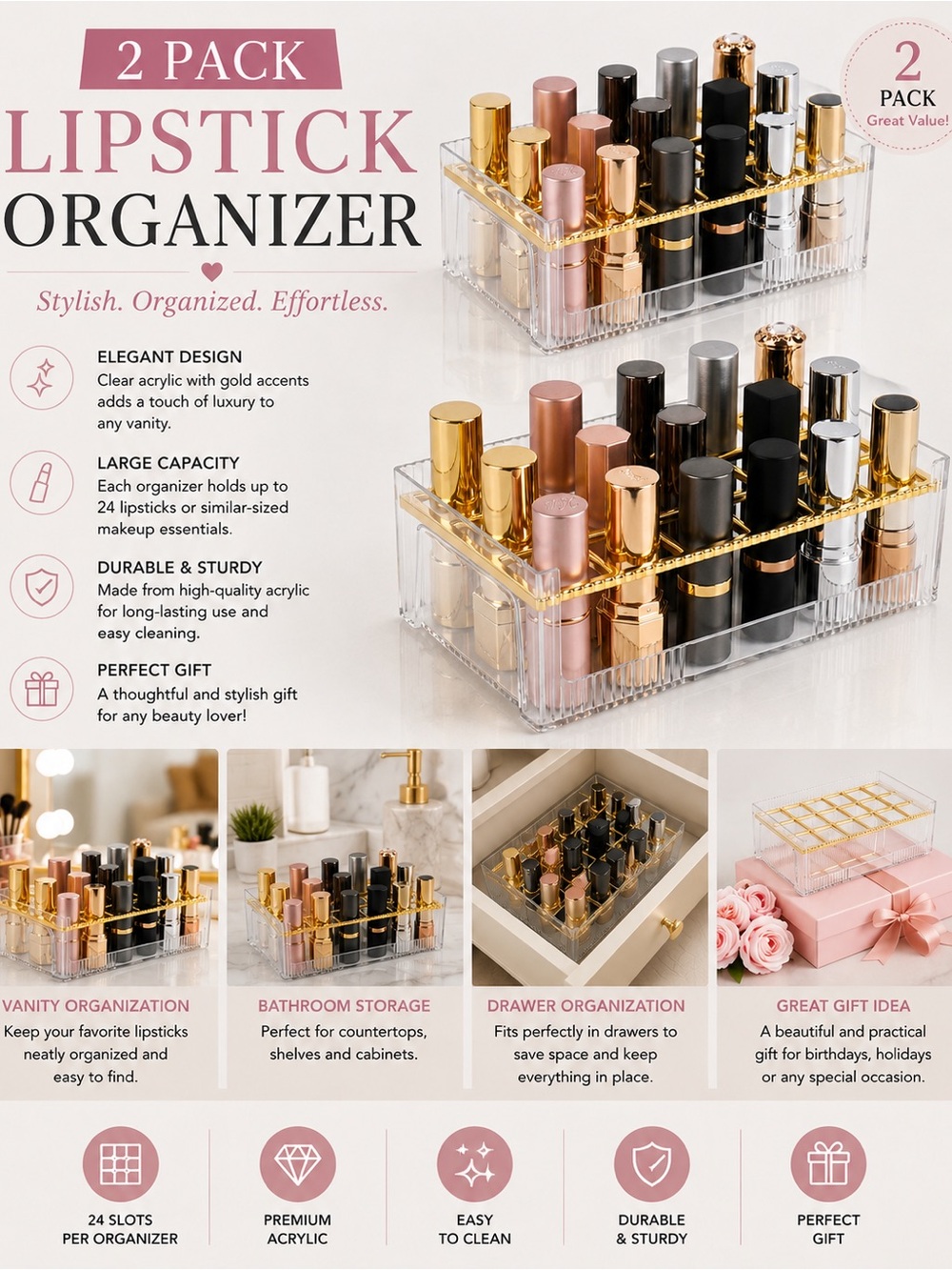 Clear Acrylic Lipstick Organizer with Gold Accents - 2 Pack